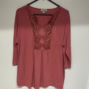 ONE WORLD peasant Mauve Crochet 3/4 sleeve Detail Blouse